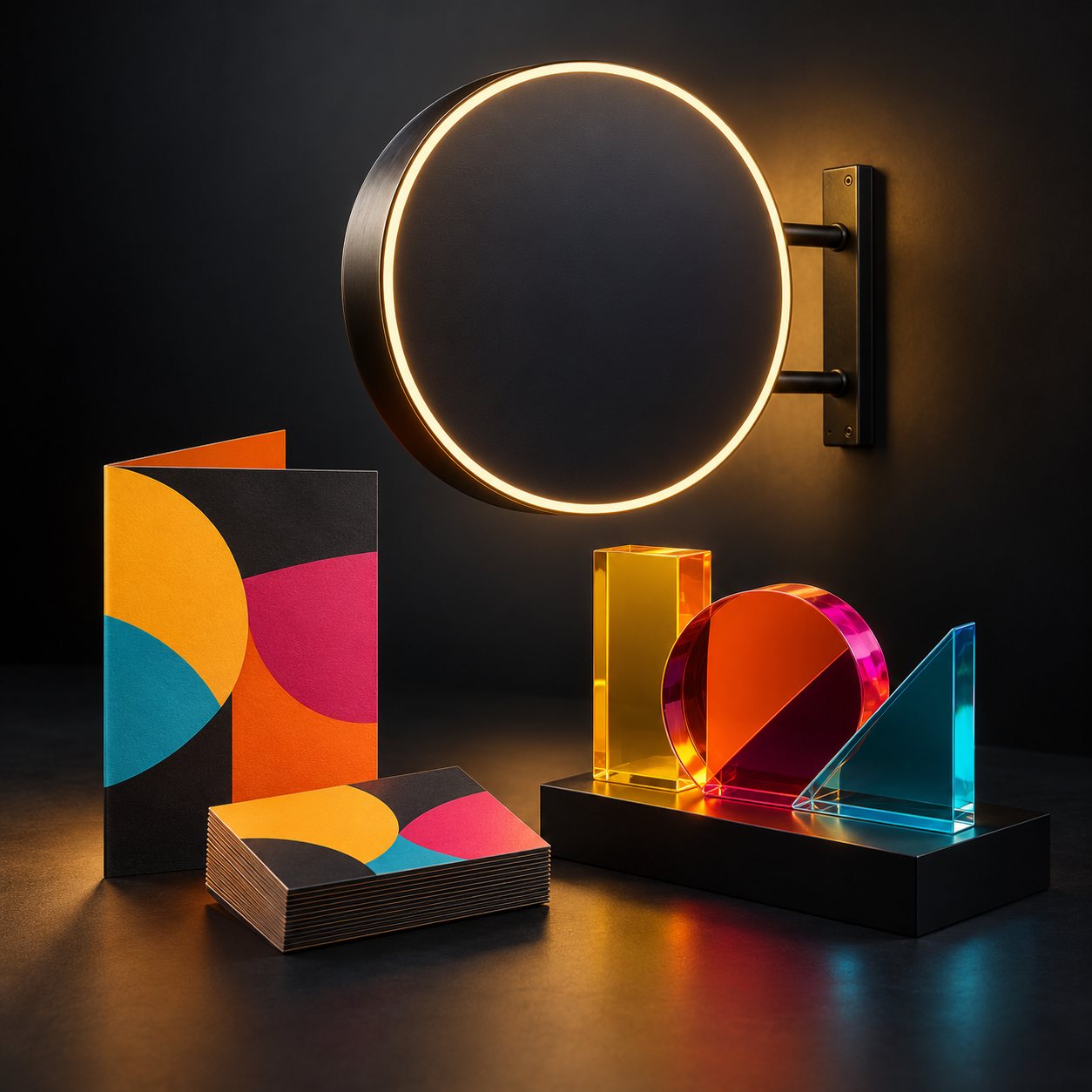Composición ilustrativa de un cartel luminoso, piezas de acrílico y material impreso