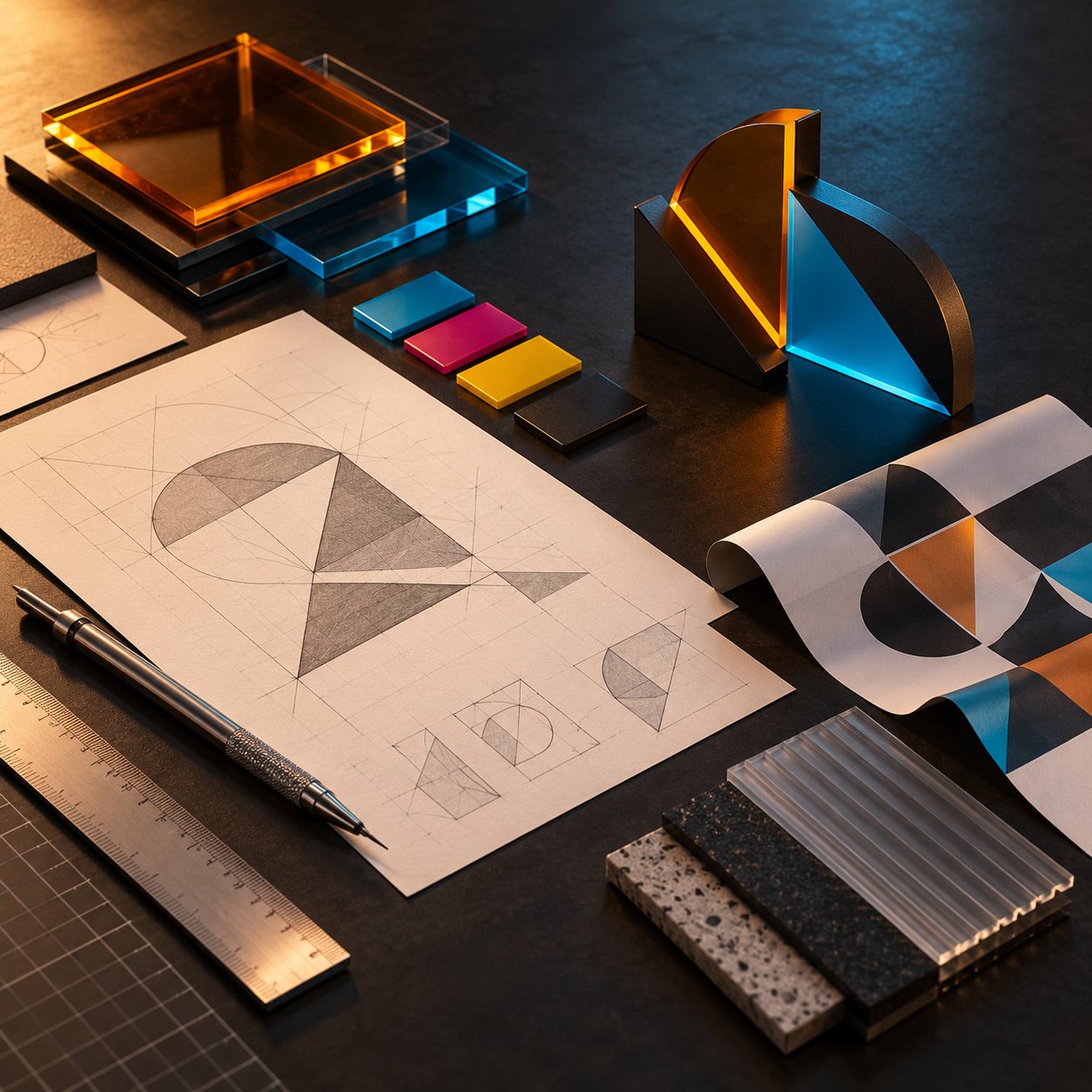Composición ilustrativa del proceso de diseño: bocetos, muestras de color, acrílico y pruebas impresas